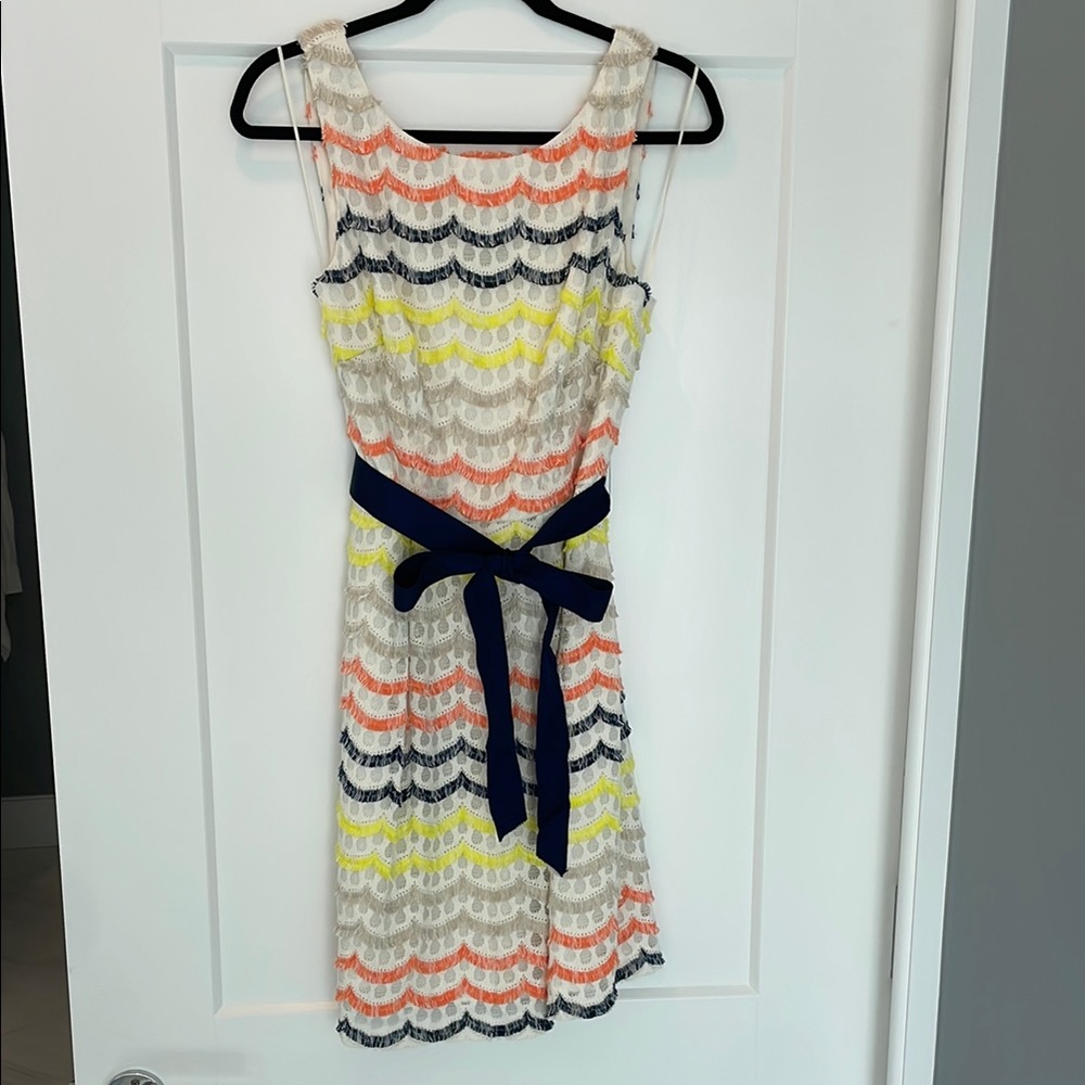 Colorful Striped Lace Dress with Navy Bow